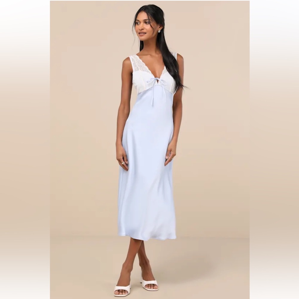 Lulus Flirtatious Always Pale Blue Satin Lace Midi Slip Dress (s)